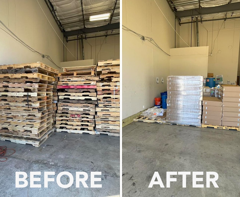before and after portraits of pallet removal in a warehouse