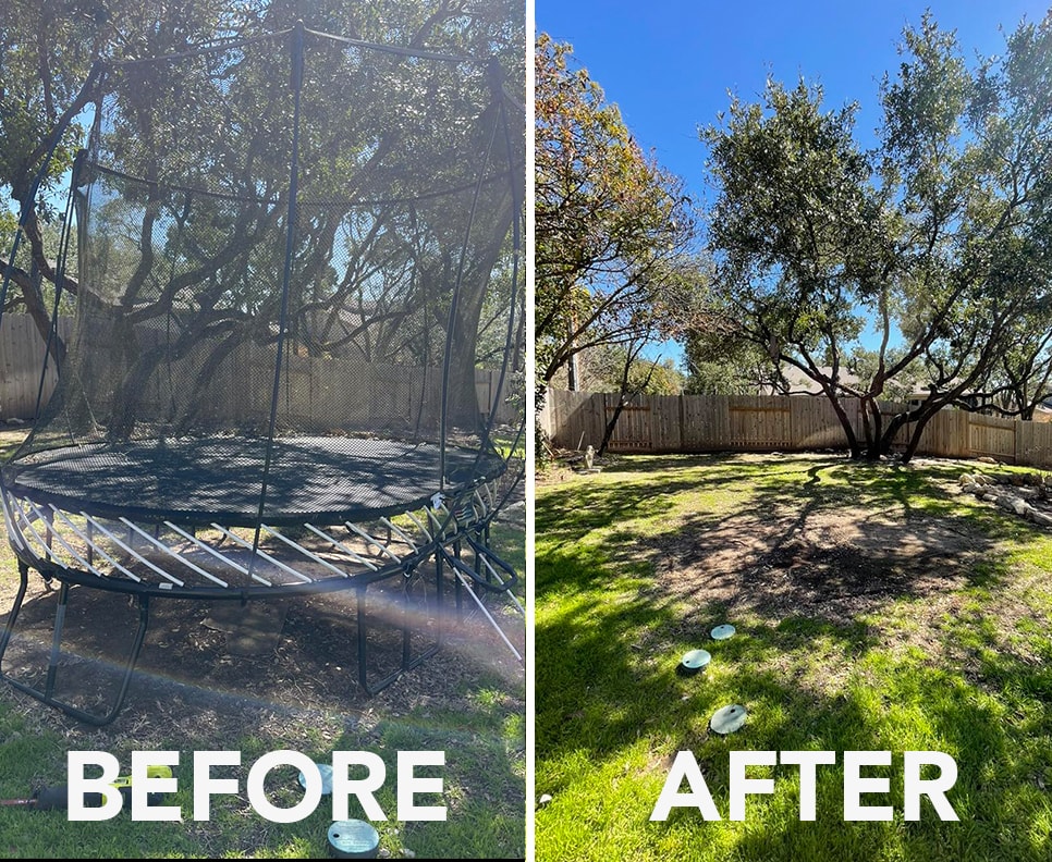 before and after portraits of trampoline removal in backyard