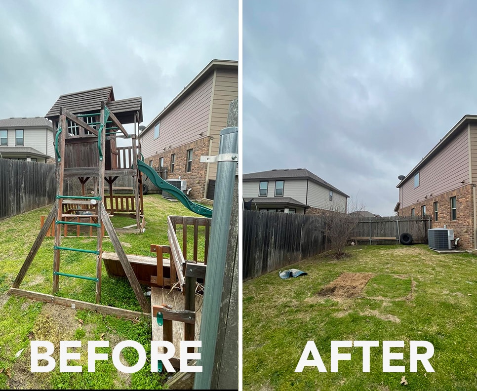 before and after portraits of play ground removal in backyard