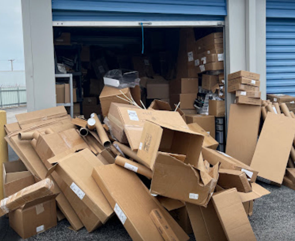 pile of brown boxes sitting inside and outside of storage unit